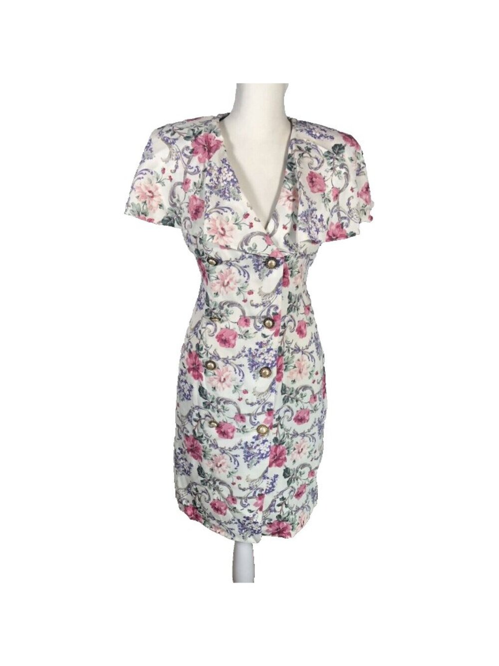 Vintage 80s Sheri Martin Dress Womens Size 8 Petite Pink Floral Shawl Collar